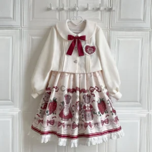 Festive winter lolita coordinate set featuring ivory peter pan collar coat with wine red bow and strawberry bear print jumper skirt dress front display