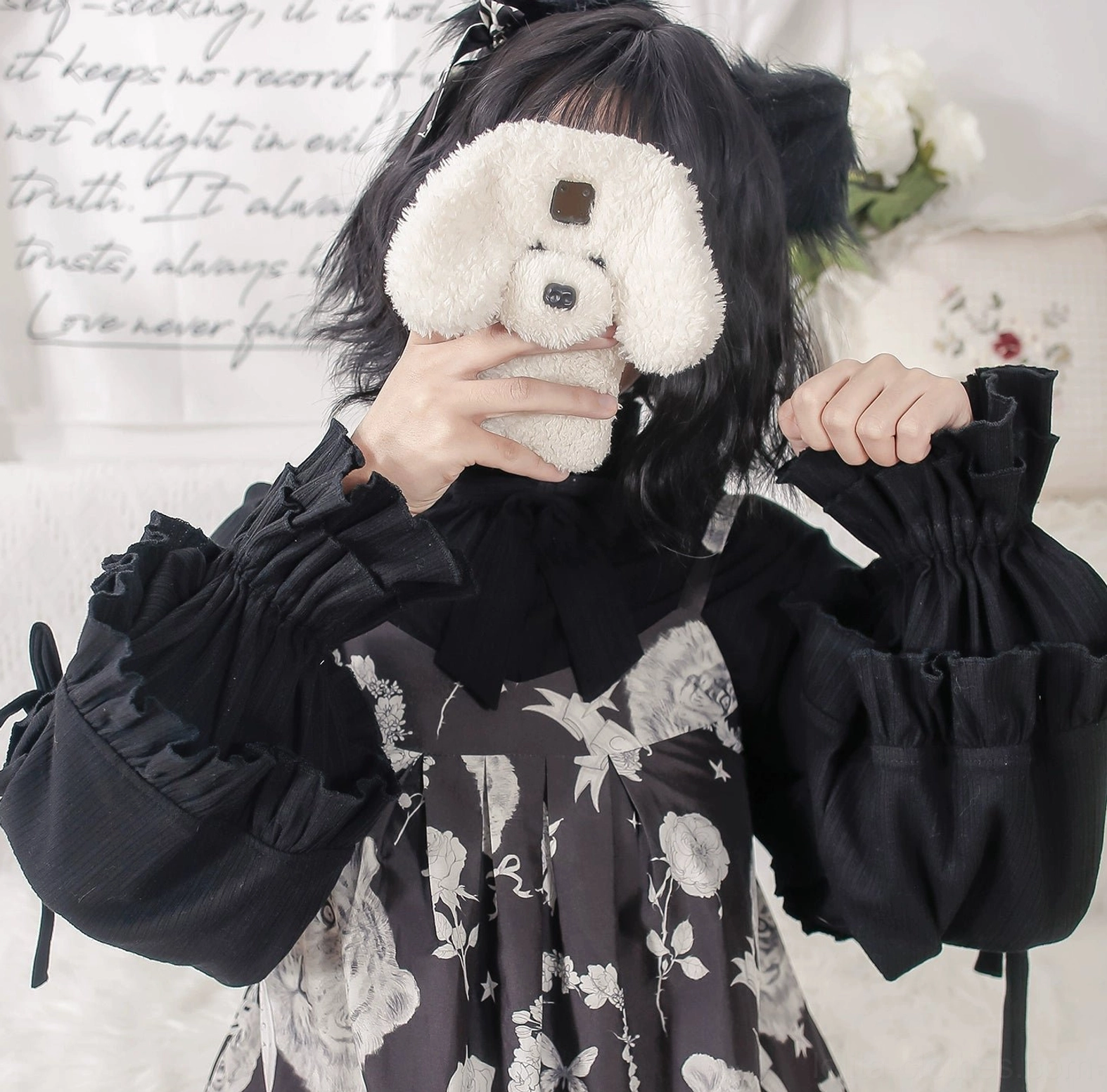First snow lolita inner blouse burgundy color option with tiered ruffle sleeves and detachable bow styling