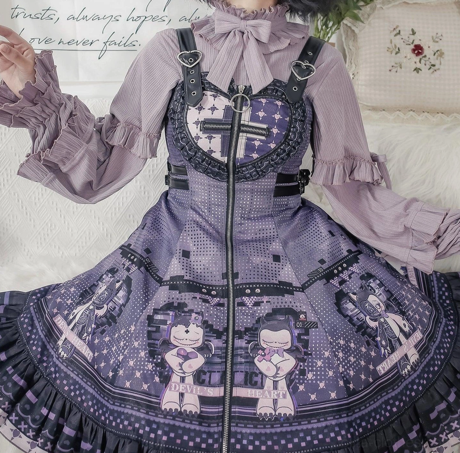 First snow sweet lolita inner blouse gray-purple color with ruffled long sleeves and bow neckline detail