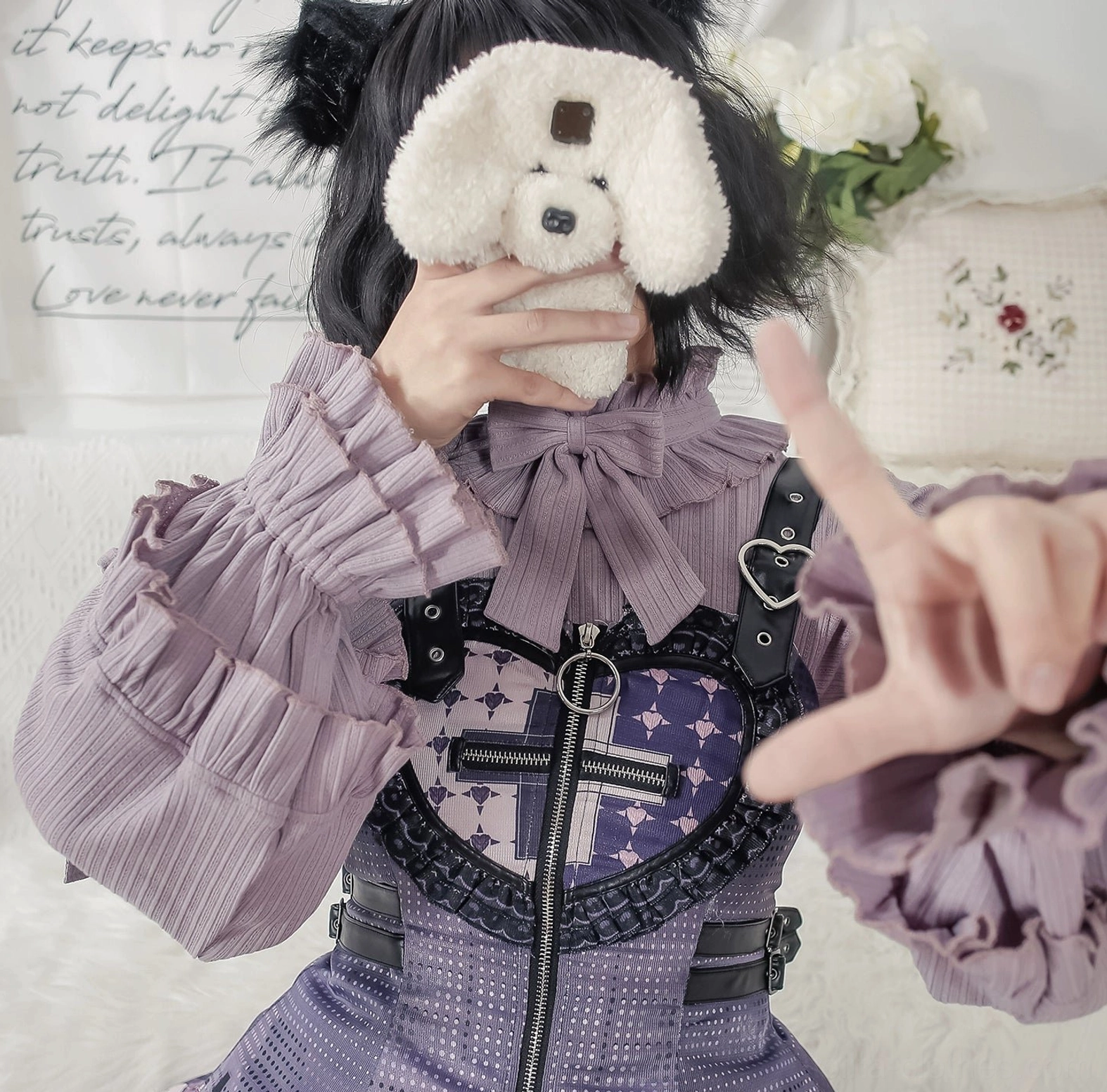 First snow sweet lolita inner blouse gray-purple color variant with full-body model styling coordinate