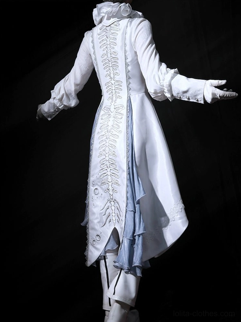 Fishbone embroidered vest back panel hand-stitched skeletal pattern dramatic long tail design view