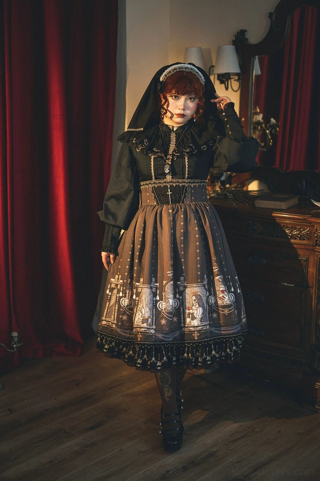 Fishbone gothic lolita skirt accessories pearls gothic chokers chain details coordinate ensemble
