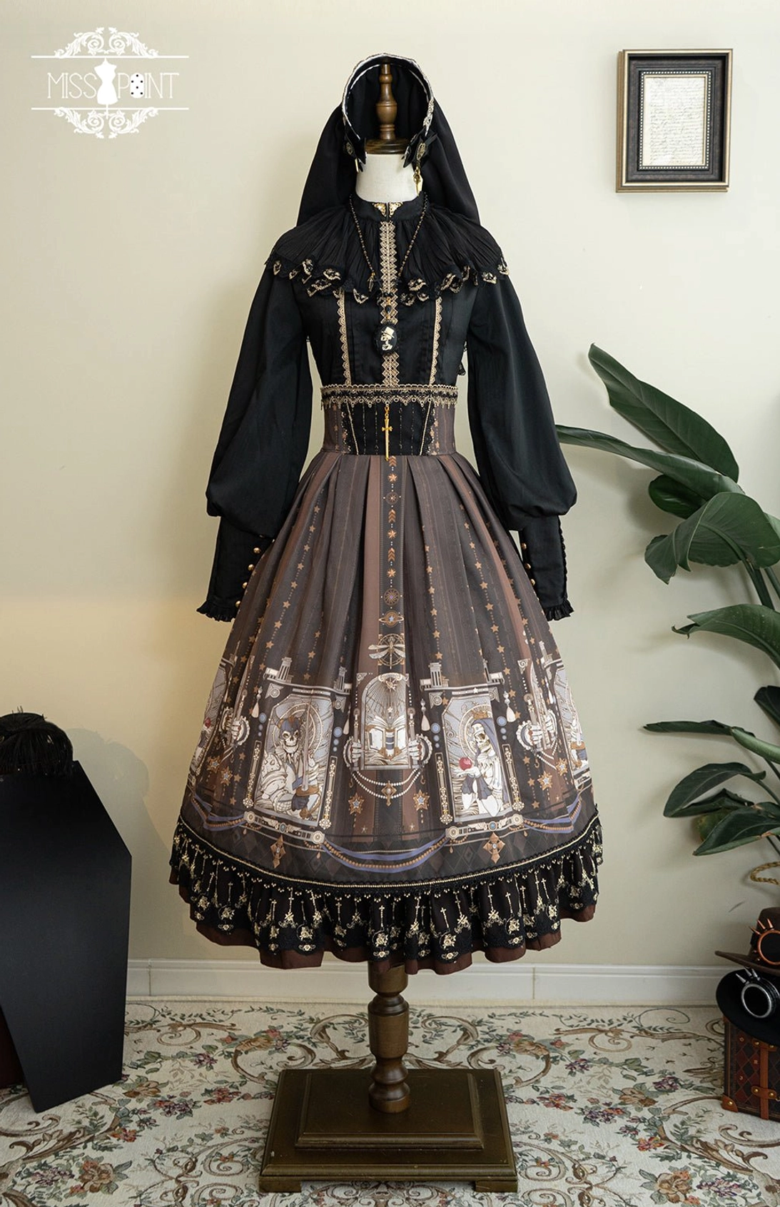 Fishbone gothic lolita skirt coffee brown color variant skull cross pattern dark romance aesthetic