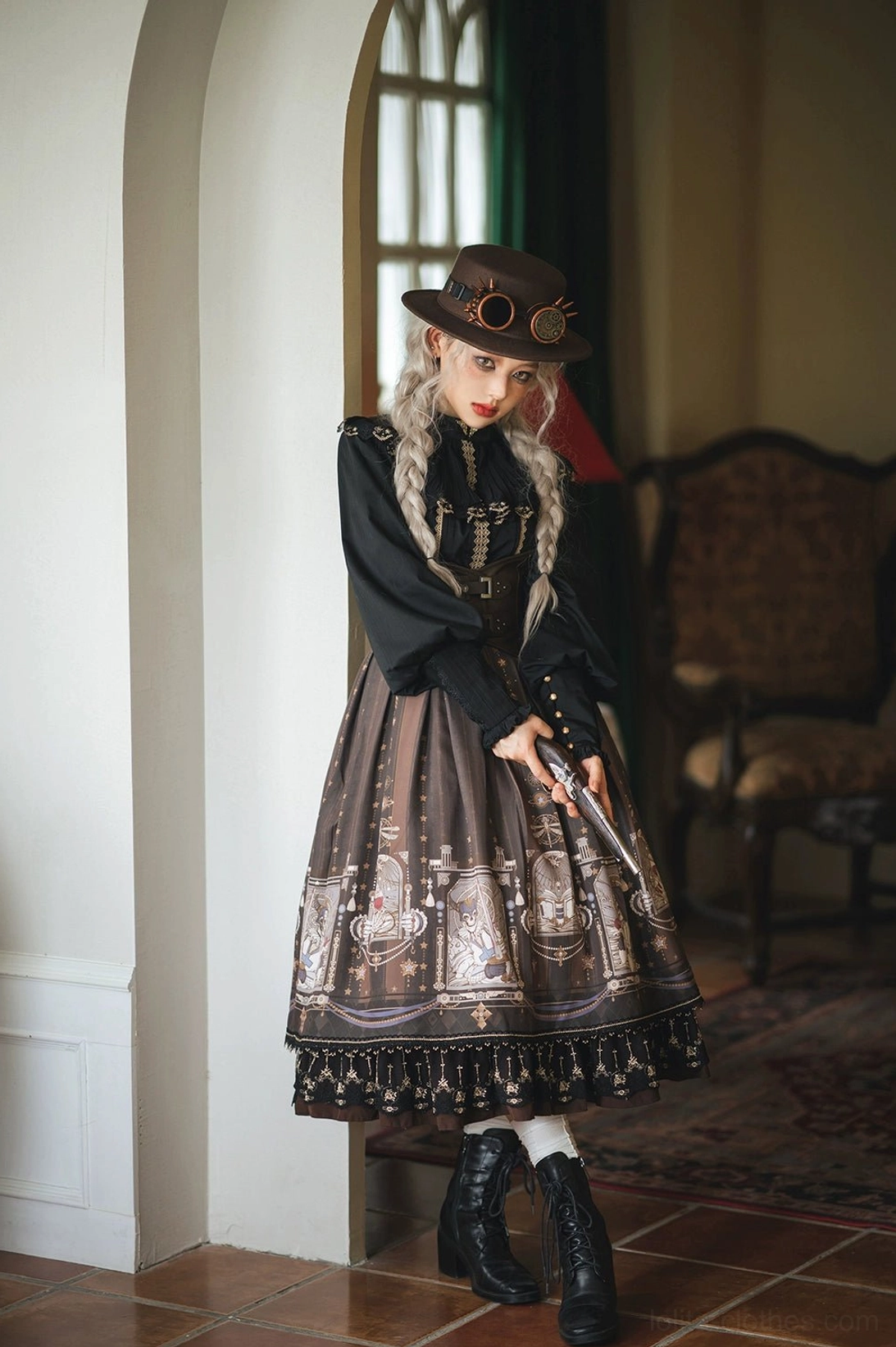 Fishbone gothic lolita skirt gray color option waistband criss cross tie adjustment feature full length view