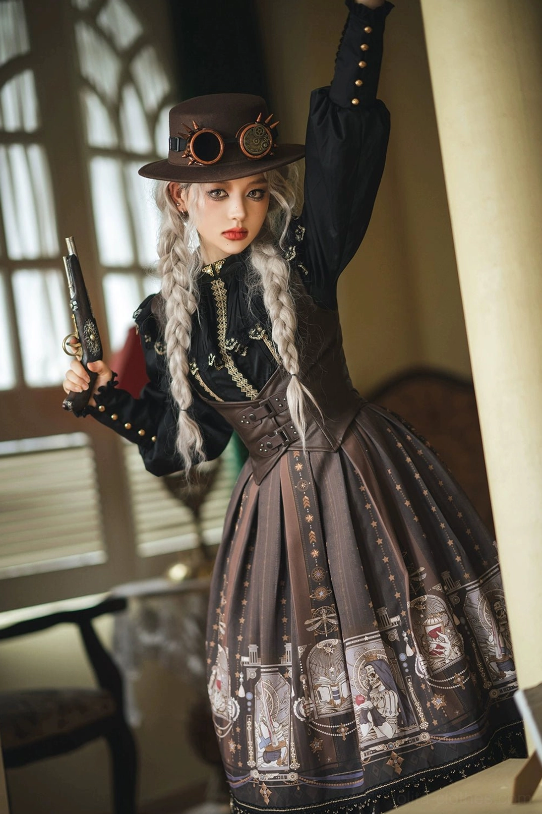 Fishbone gothic lolita skirt hem detail ruffled edge gold water soluble lace trim close up photography