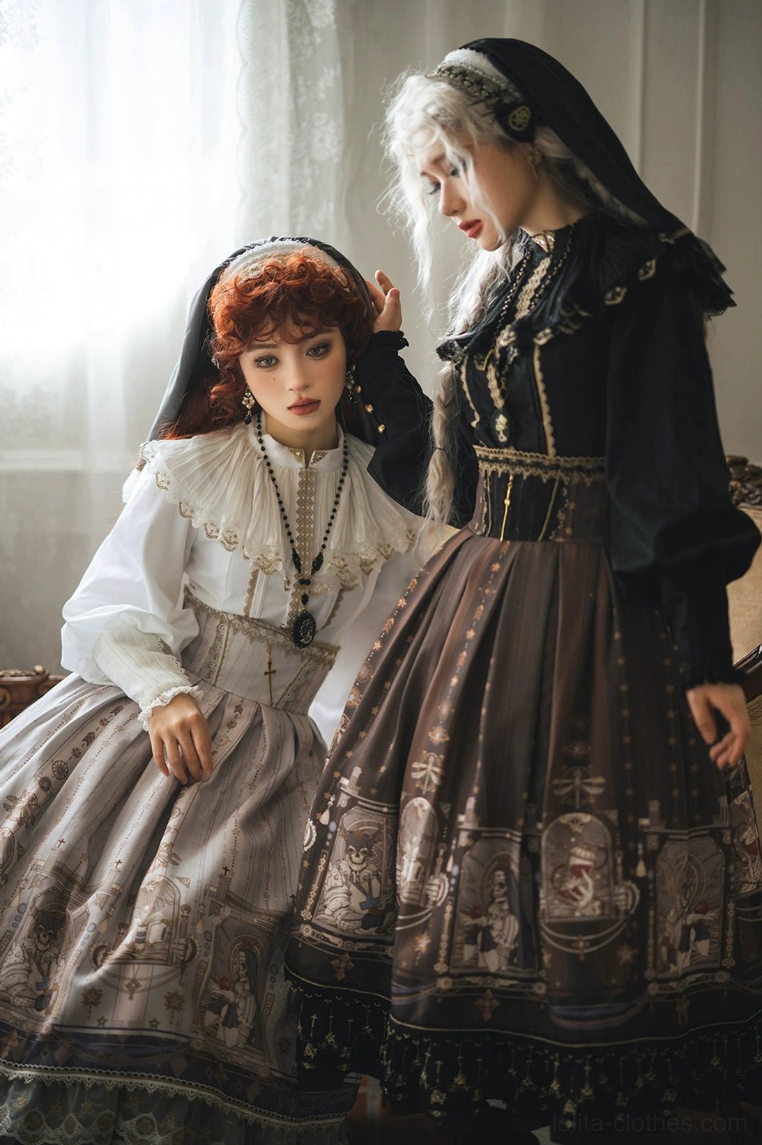Fishbone gothic lolita skirt set with white ruffled collar blouse black long sleeve outerwear vintage print side close up window scene