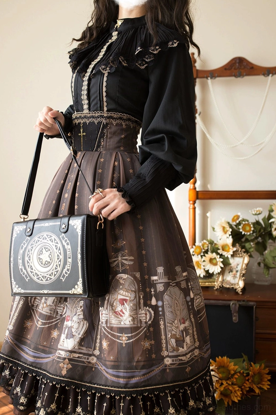 Fishbone gothic lolita skirt paired with Victorian cropped waistcoat black platform shoes alternate styling