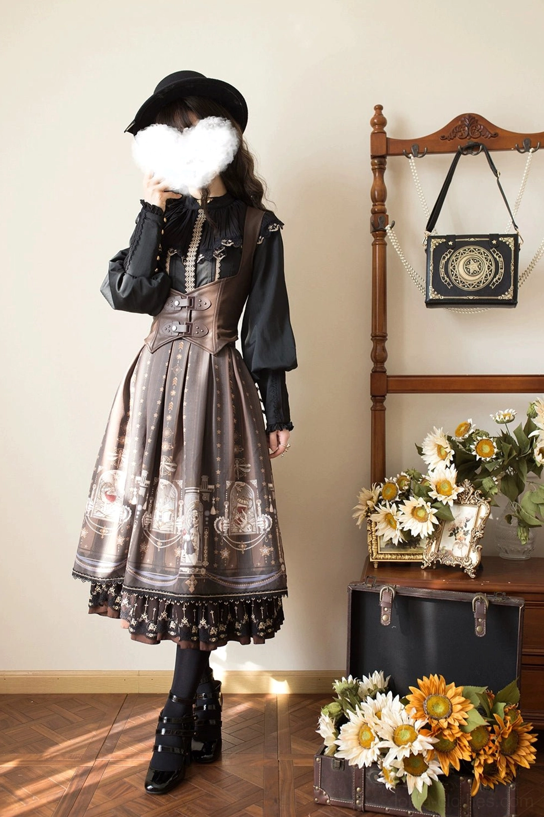 Fishbone gothic lolita skirt waistband cross pendant detail gold embroidered lace close up photography