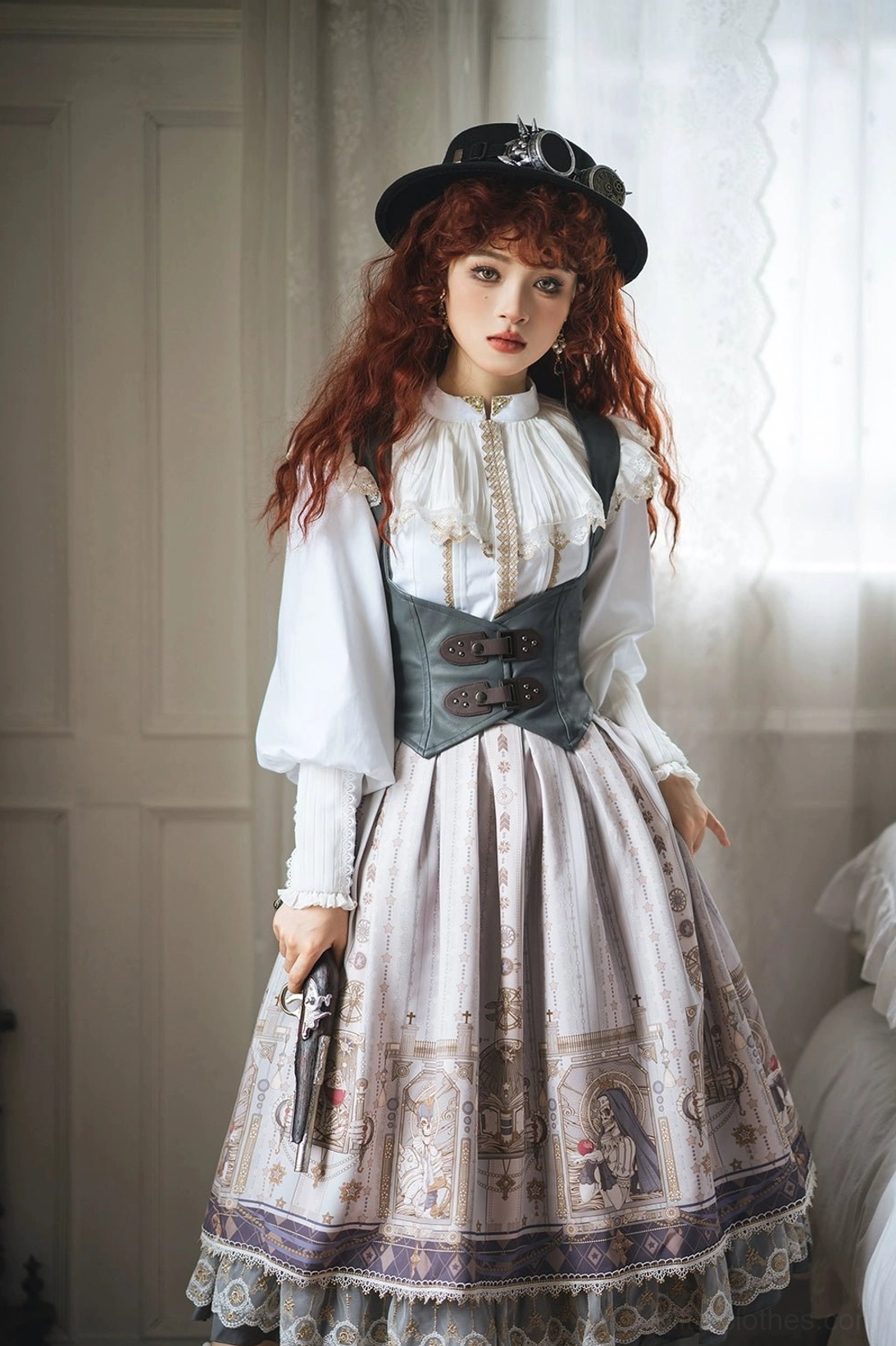 Fishbone gothic lolita skirt styling with white ruffled blouse pearl necklace gothic choker coordinate suggestion