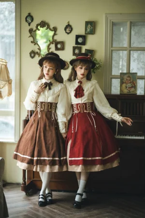 Twin lolita coordinate set side front perspective showing classic fishbone skirts with matching outfits and vintage aesthetic styling