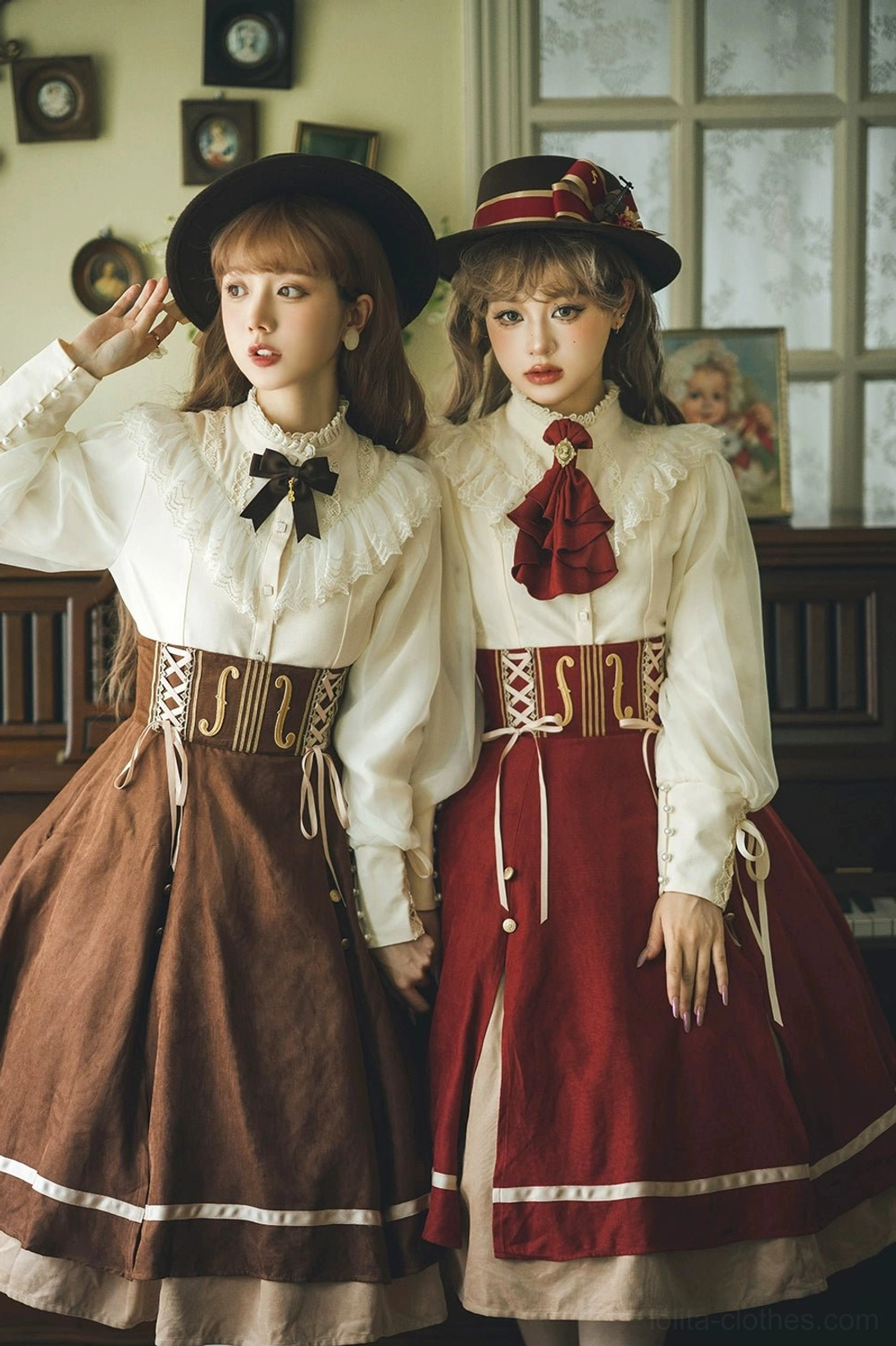 Half-body front view of two models wearing vintage fishbone lolita skirts with fedora hats and coordinated styling in retro piano room setting