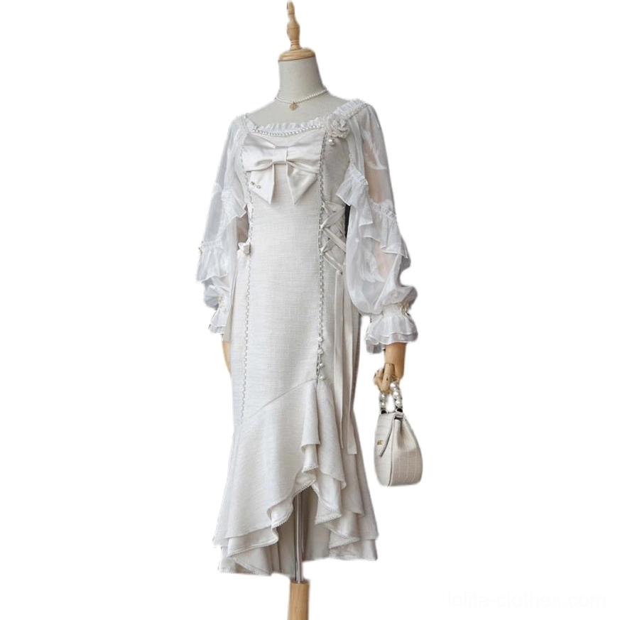 Fishtail Lolita dress styling inspiration showing coordinated outfit with complementary accessories including stockings shoes and hair accessories for complete look