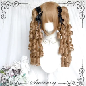 Vintage Lolita double ponytail Roman roll wig in flaxen gold displayed on mannequin, featuring light brown spiral curly twin ponytails with black ribbon hair clips and neat air bangs against white curtain backdrop
