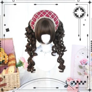 Flo Sweet Lolita cool brown curly twin ponytail wig with blunt bangs styled on mannequin head, featuring dark brown long curls, paired with red grid maid hair headdress accessory, vintage picnic themed background with wicker basket and roses