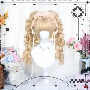 Flo Sweet Lolita light gold blonde curly twin ponytail wig displayed on mannequin showing voluminous bouncy curls with blunt bangs, coordinated with beige ruffled lace hair accessory, romantic floral picnic background with flower bouquets