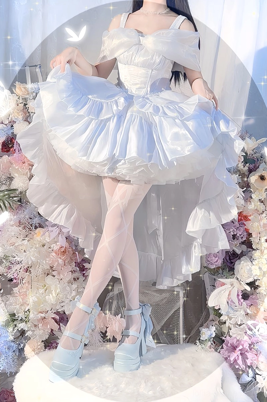 All eight color variations of floating dream lily lolita platform Mary Jane heels displayed together, showing olive green, champagne, black, burgundy, pink, light blue, light green options