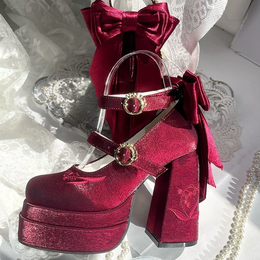 Burgundy floating dream lily lolita velvet heels with large back bow and gem embellishments, perfect for gothic lolita and elegant lolita fashion styling