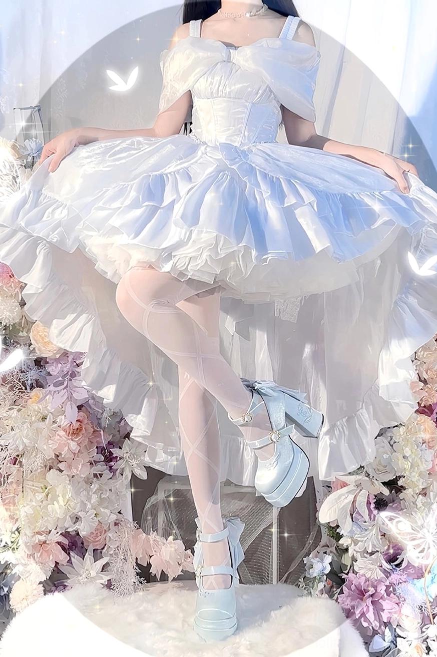 Detachable satin back bow feature of floating dream lily lolita heels, showing removal mechanism and bow design for versatile styling options