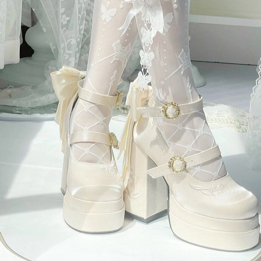 Floating dream lily lolita platform Mary Jane heels lifestyle photography showing elegant wear during outdoor lolita fashion activities and social events