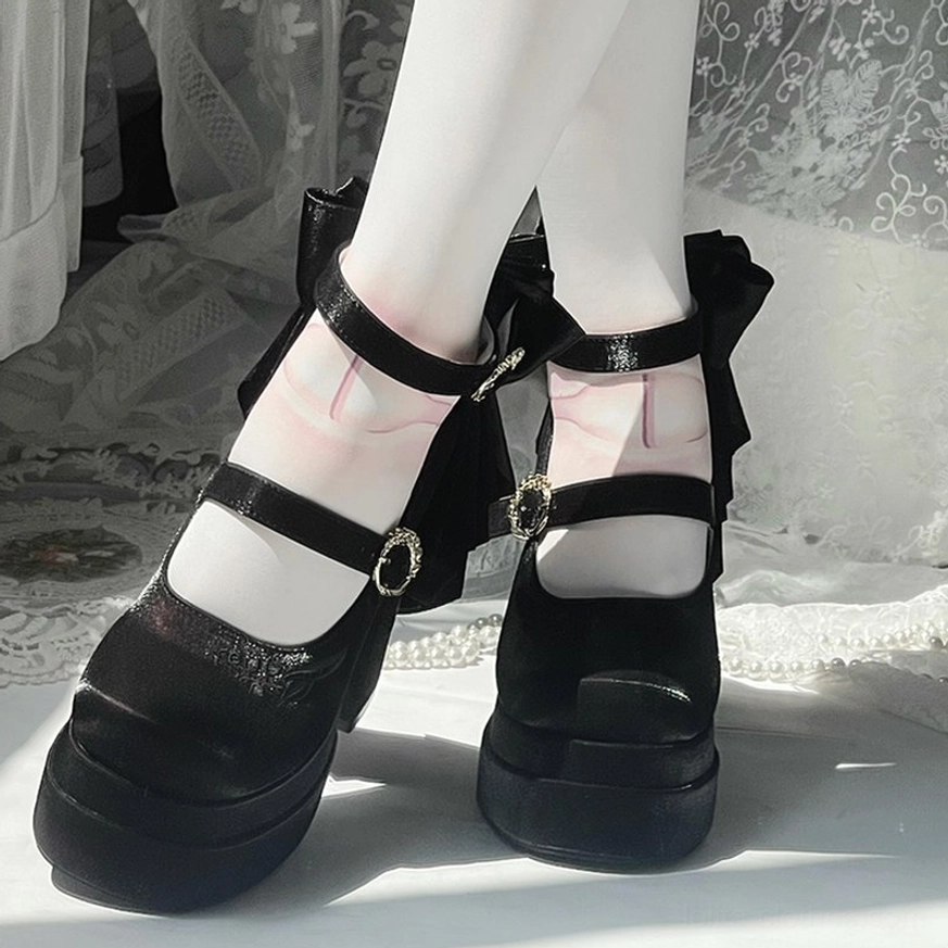 Mary Jane strap functionality and gold buckle design of floating dream lily lolita platform heels, ensuring secure fit and lolita aesthetic appeal