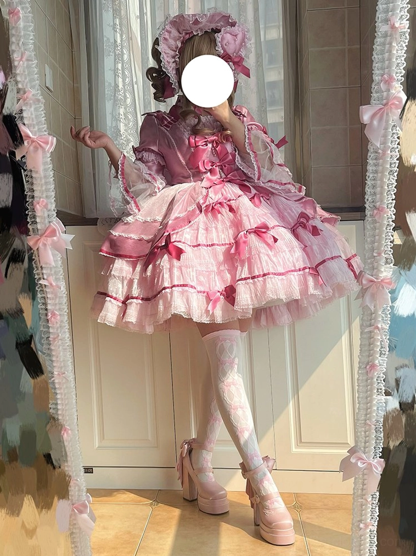 Floating dream lily lolita platform Mary Jane heels from multiple angles showing detachable bow mechanism, buckle placement, and overall silhouette design