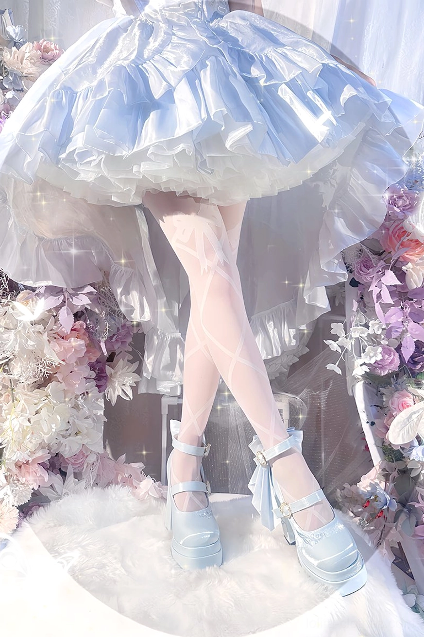 Floating dream lily lolita platform Mary Jane heels worn with over-the-knee lace stockings, showcasing complete coordinated look for formal lolita occasions