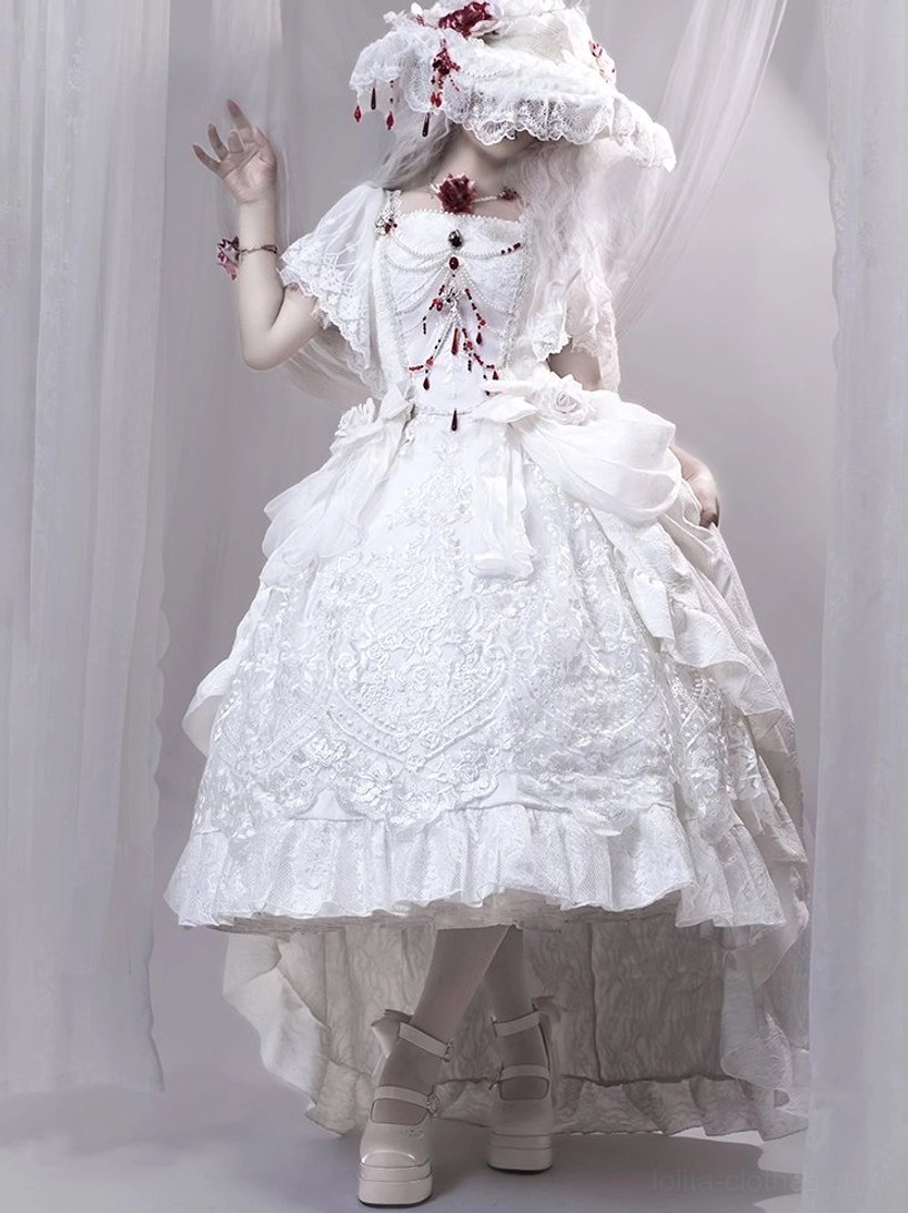 Sock and stocking pairing recommendations with floating dream lily lolita platform heels, showing embroidered socks, lace tights, and patterned stockings options