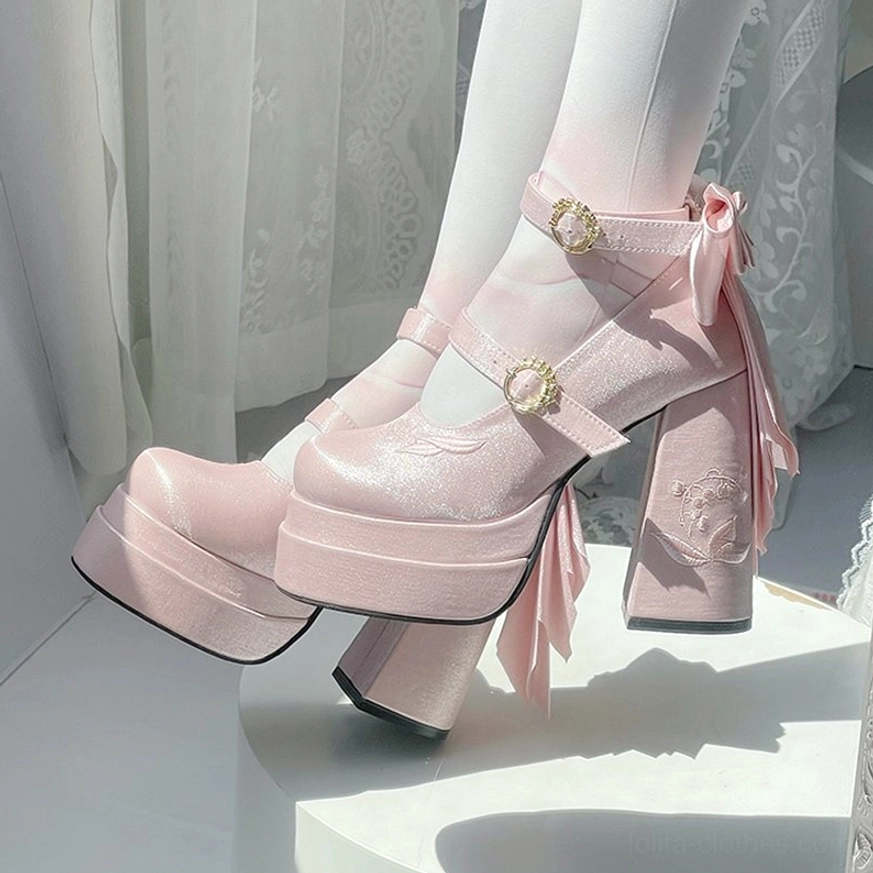 Glossy pink lolita Mary Jane high heels with satin finish, detachable long back bow, and gold gem-set buckles, side display view with sheer curtain backdrop