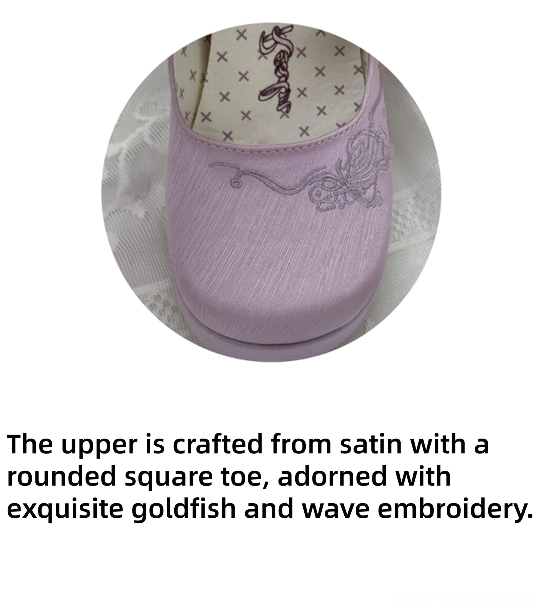 Floating koi embroidery detail on lolita platform heel toe with water ripple pattern outer heel