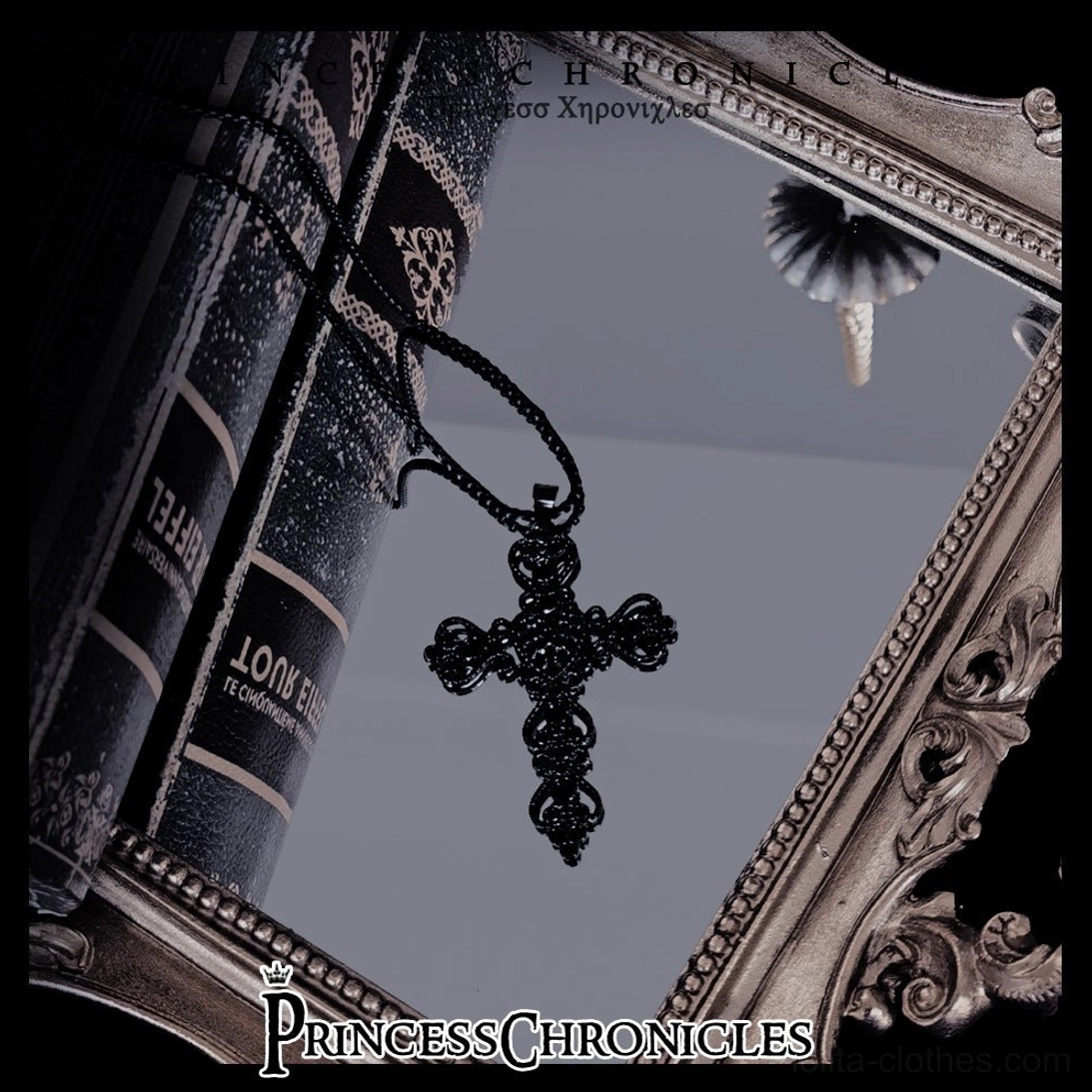 Black gothic cross necklace black version filigree pendant rope chain ouji lolita style accessory