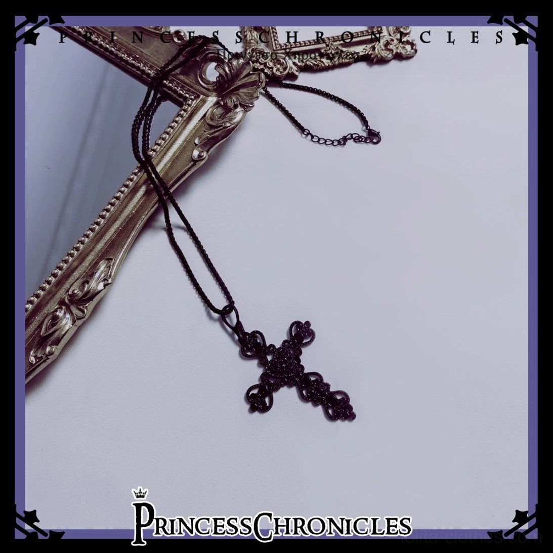 Dark burgundy wine red cord gothic cross necklace black carved hollow pendant ouji lolita
