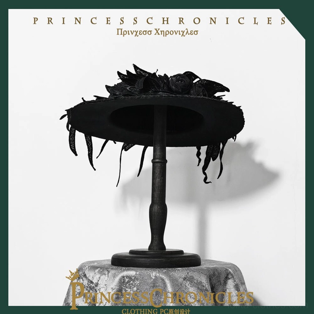 Floating Phantom Ouji Lolita hat standalone flat lay overhead view black twilled fustian lace flowers ribbon ornamental headdress