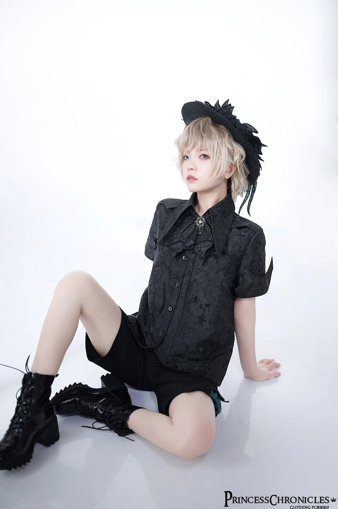Floating Phantom Ouji Lolita hat side three-quarter seated view structured collar lace details headdress gentleman style sitting pose
