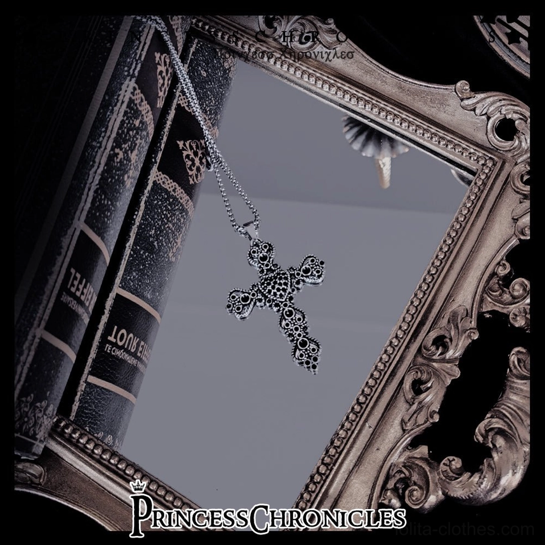 Silver gothic cross necklace delicate openwork pendant silver chain ouji lolita elegant accessory