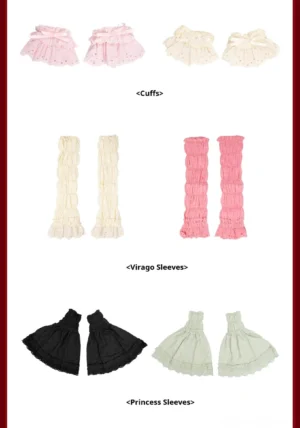 Lolita matching sleeve accessories set flat lay - cuffs virago sleeves princess sleeves in pink beige black light green with ruffled lace trim