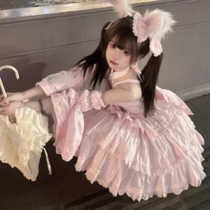 Sweet Lolita girl wearing pink princess dress with bunny ear headdress and ruffled sleeves at night balcony, holding vintage parasol - Flora Miss collection inspiration