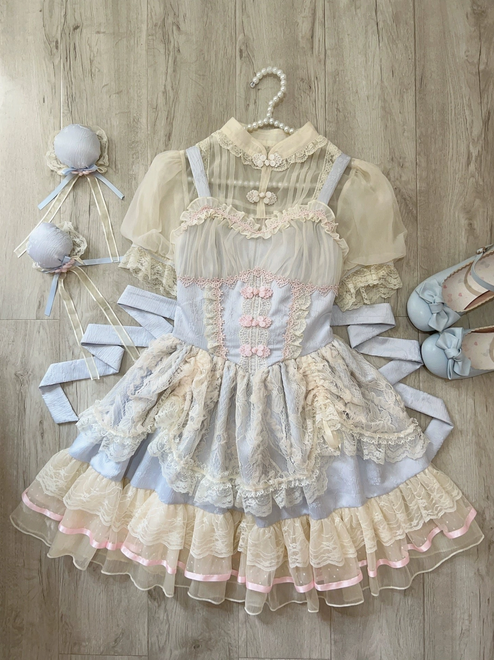 Blue pastel ball-shaped jacquard hair accessories bun ornaments for floral ballet lolita jsk dress coordinate