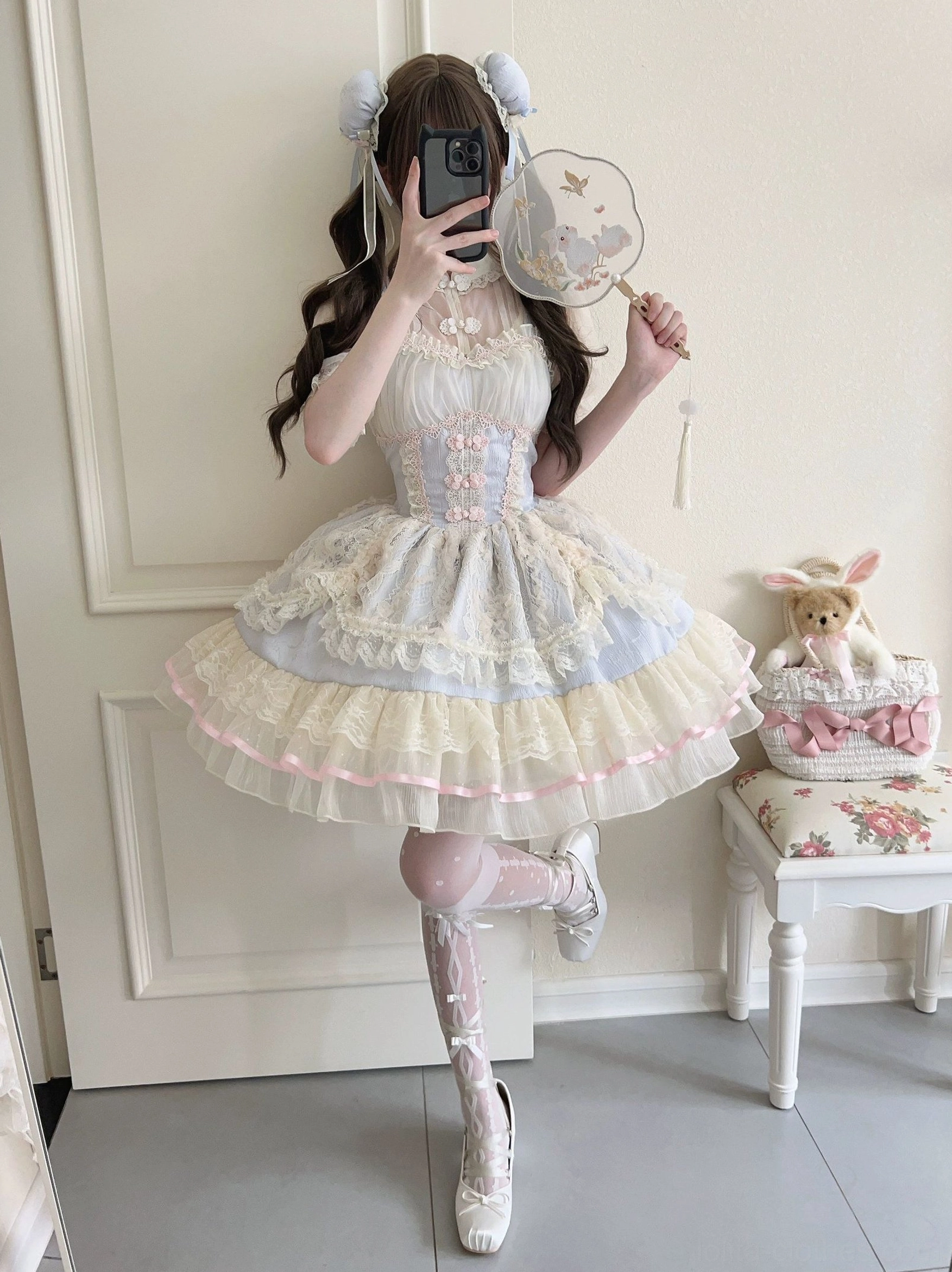 Pastel blue ballet lolita jsk dress full body mirror selfie showing tiered lace ruffled skirt floral corset embroidery