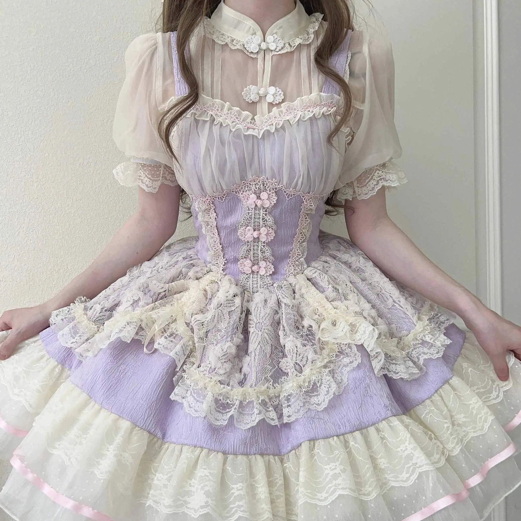 Floral ballet lolita jsk dress fabric detail close-up showing polyester material quality and lace texture