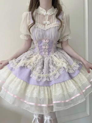 Lavender purple ballet style chinese lolita jsk dress full body front view with floral corset embroidery and layered lace ruffles