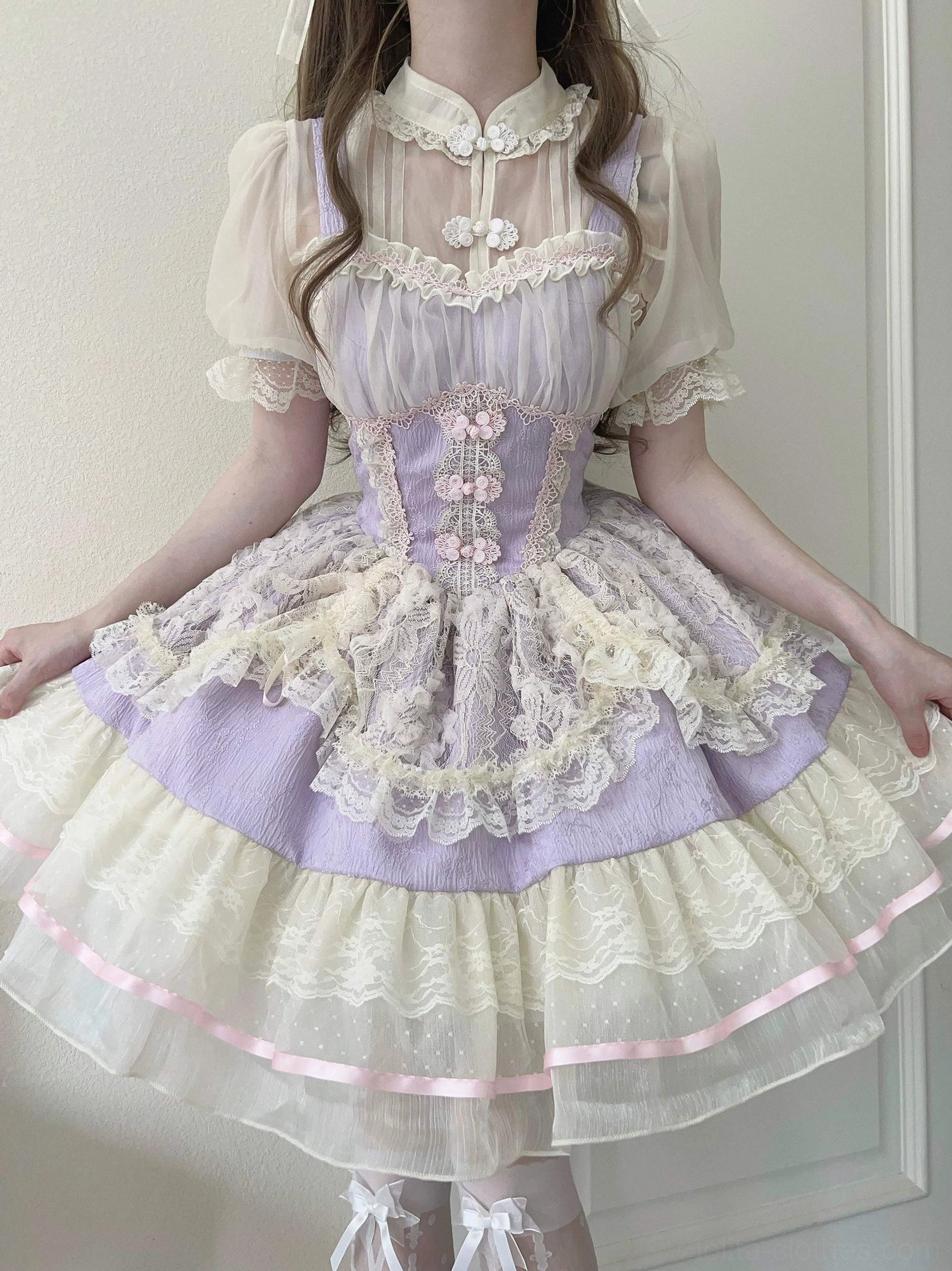 Lavender purple ballet style chinese lolita jsk dress full body front view with floral corset embroidery and layered lace ruffles