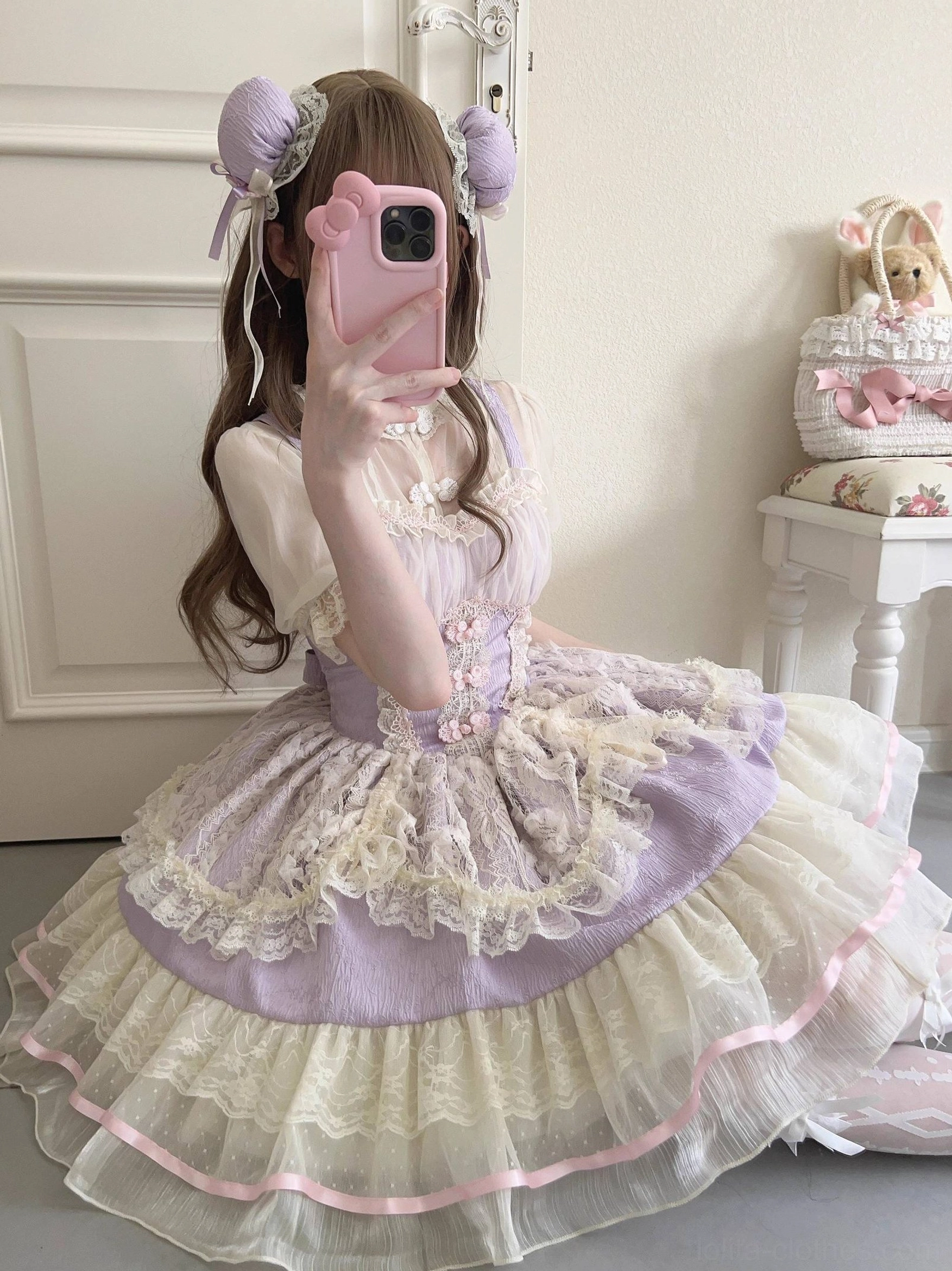 Purple lavender floral ballet lolita jsk dress with packing box complete boxed set ready for gift giving