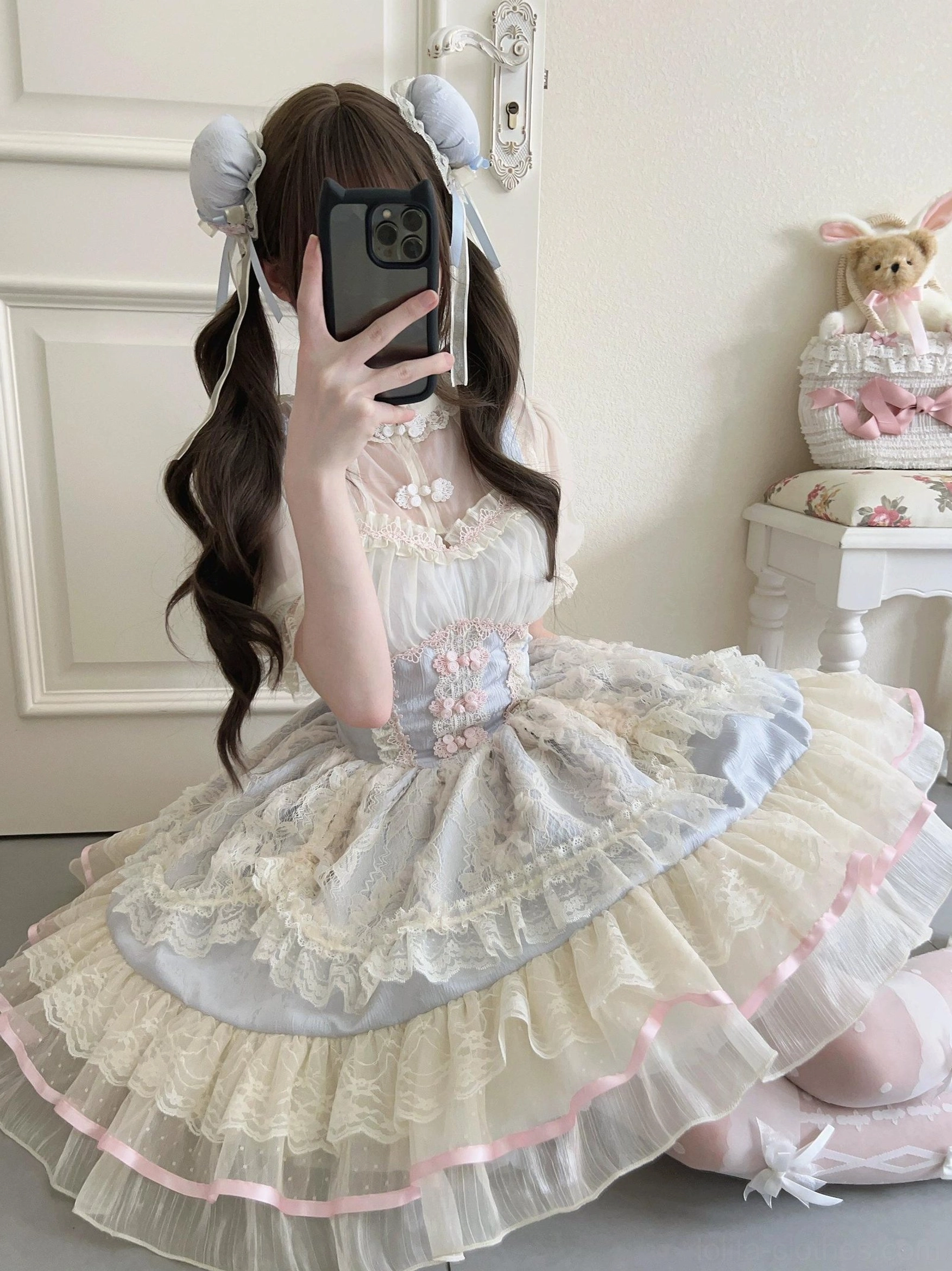 Floral ballet lolita jsk dress sizing details measurements and fit guide with elastic bust and dress length specifications