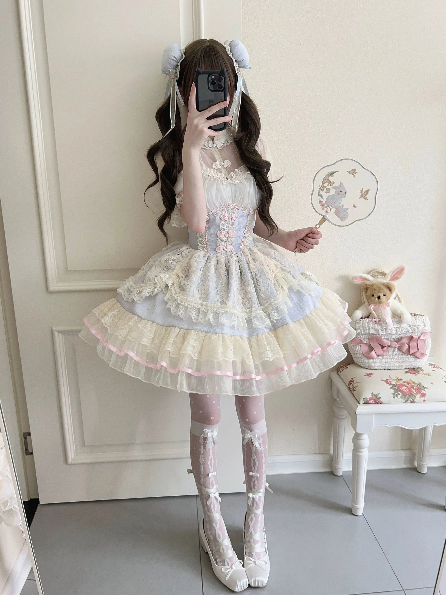 Ball-shaped jacquard pattern hair accessories with ribbon decoration for floral ballet lolita jsk dress coordinating set