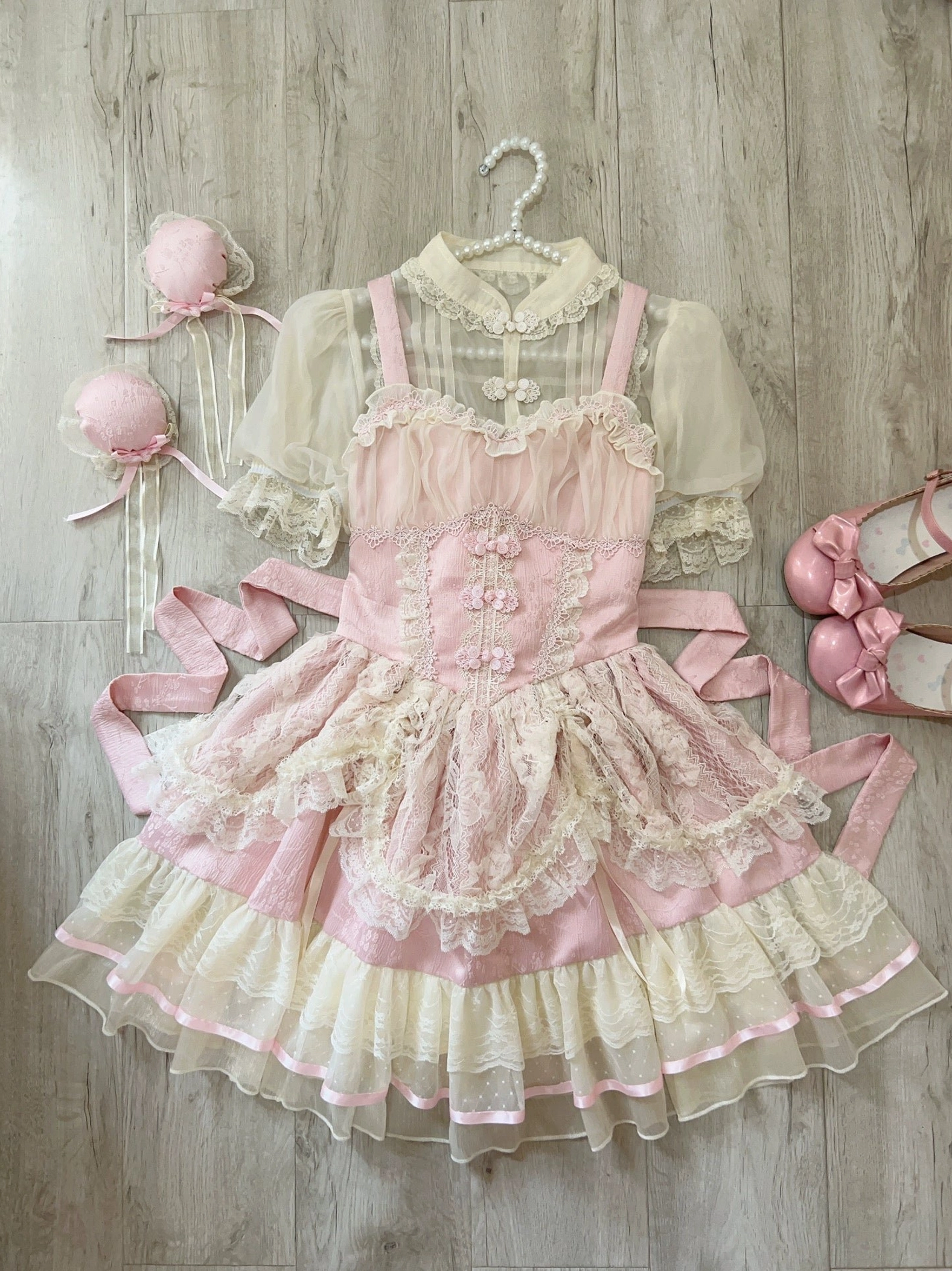 Pink ball-shaped jacquard hair accessories bun ornaments for floral ballet lolita jsk dress outfit