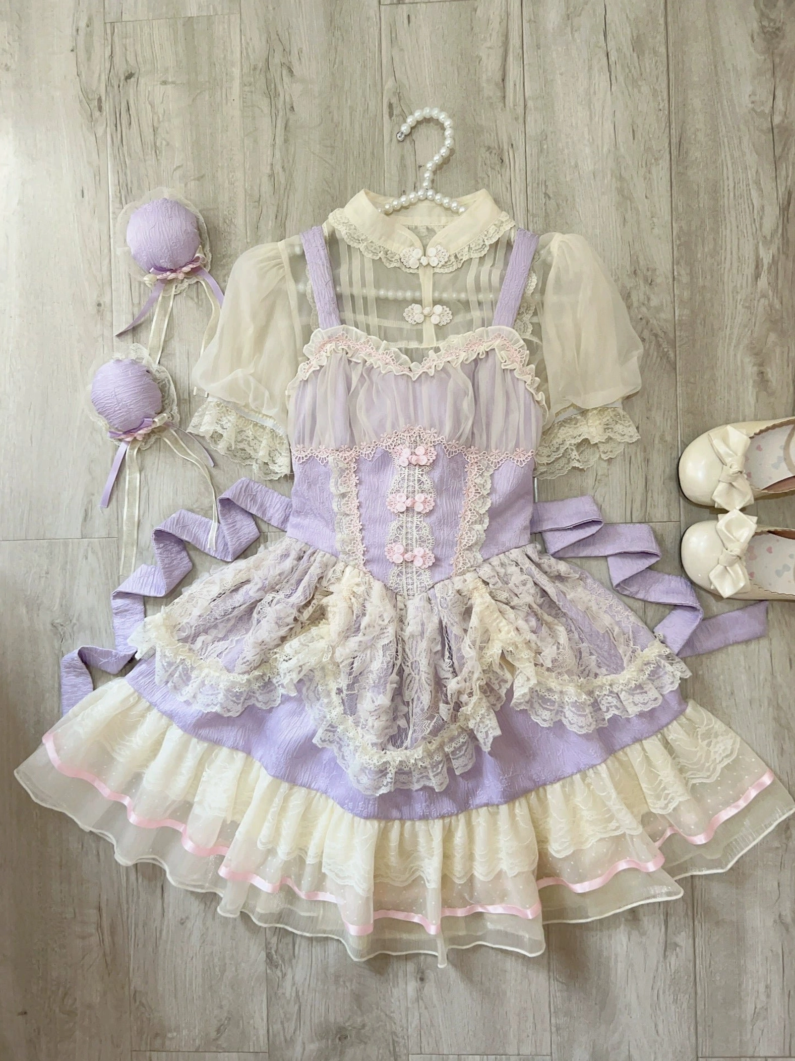 Purple lavender ball-shaped jacquard hair accessories with ribbon for floral ballet lolita jsk dress