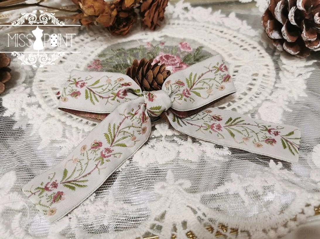 Floral embroidered lolita bow hair clip off-white delicate flower vine embroidery classic bow shape