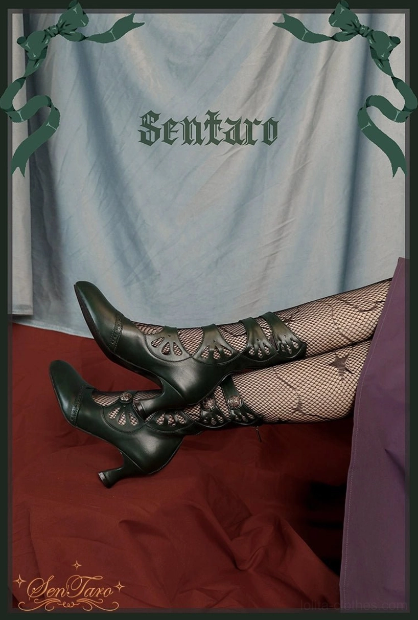 Floral hollow-out Mary Jane Lolita boots with retro metal buckles and curved wine glass heel vintage design