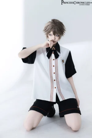 Ouji Lolita monochromatic coordinate full-body front view displaying shirt-shorts set with geometric star embroidery placement on chest and sleeves, red lace hem trim details, and functional side pocket construction