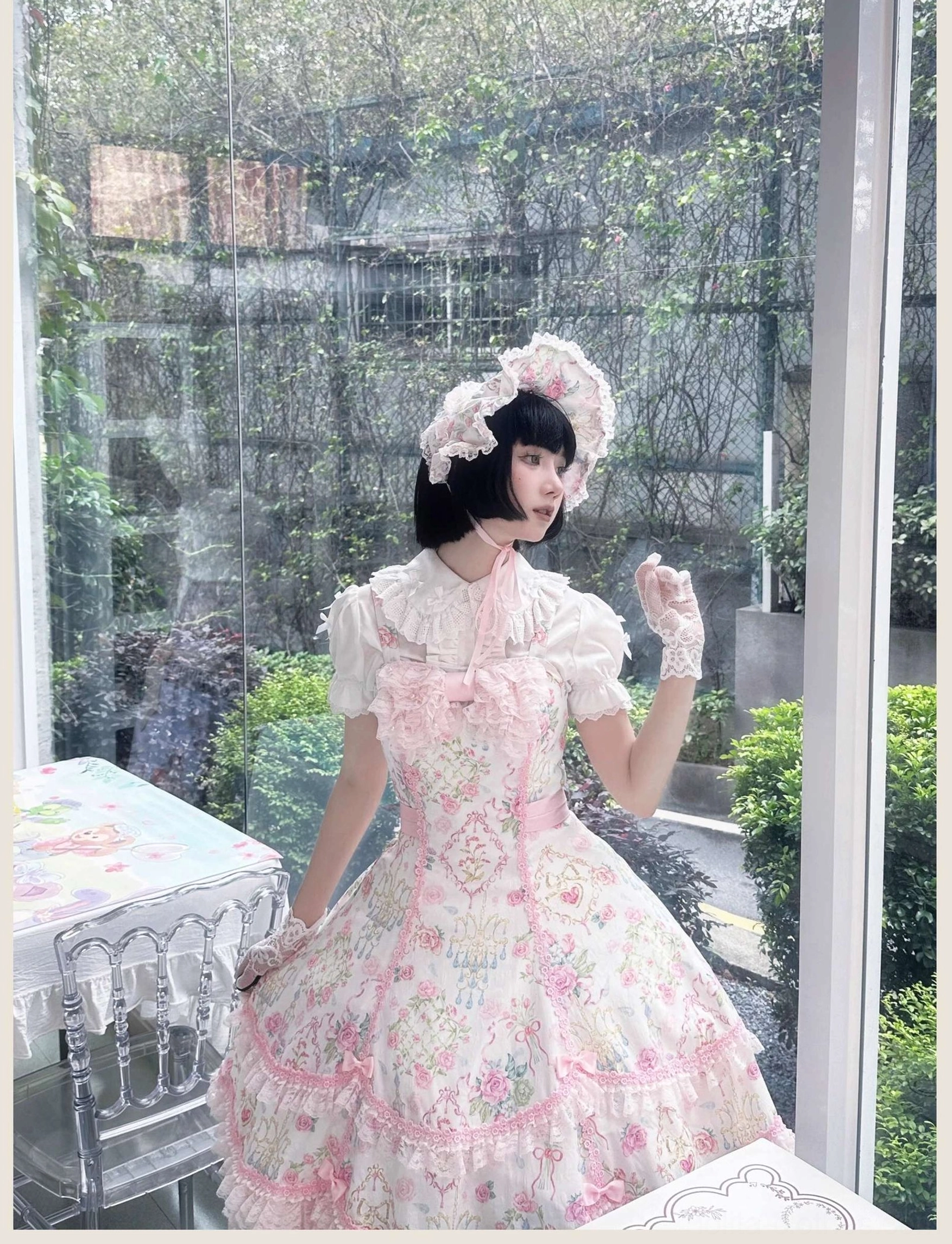 Floral old school Lolita JSK dress showing back view details including corset lacing and satin bow placement